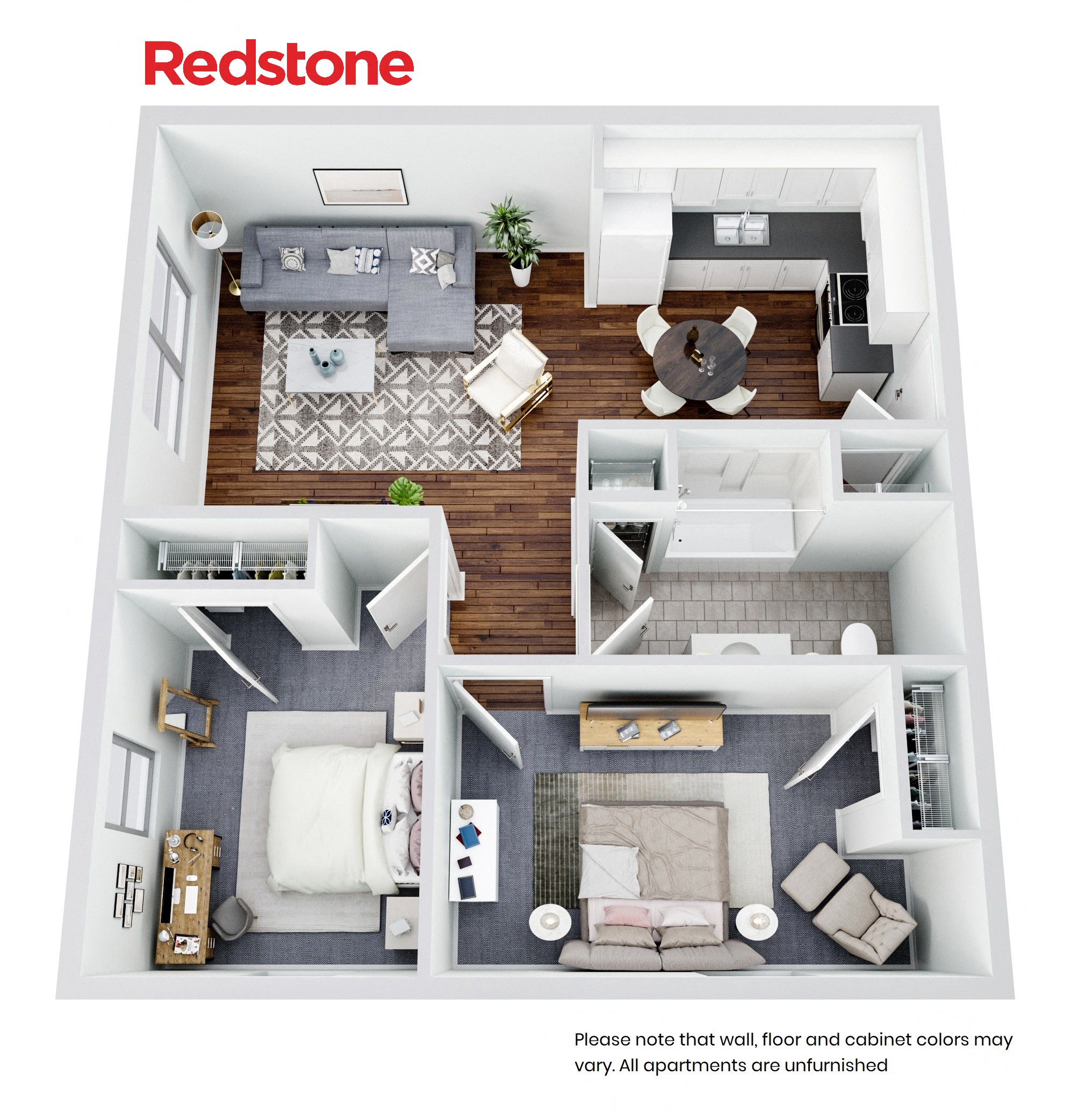 Floor plan for 2 beds, 1 bath, 772 sqft